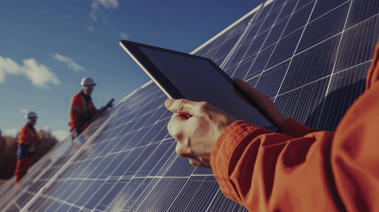 A person holding a tab next to solar cell panels in the energy industry. 