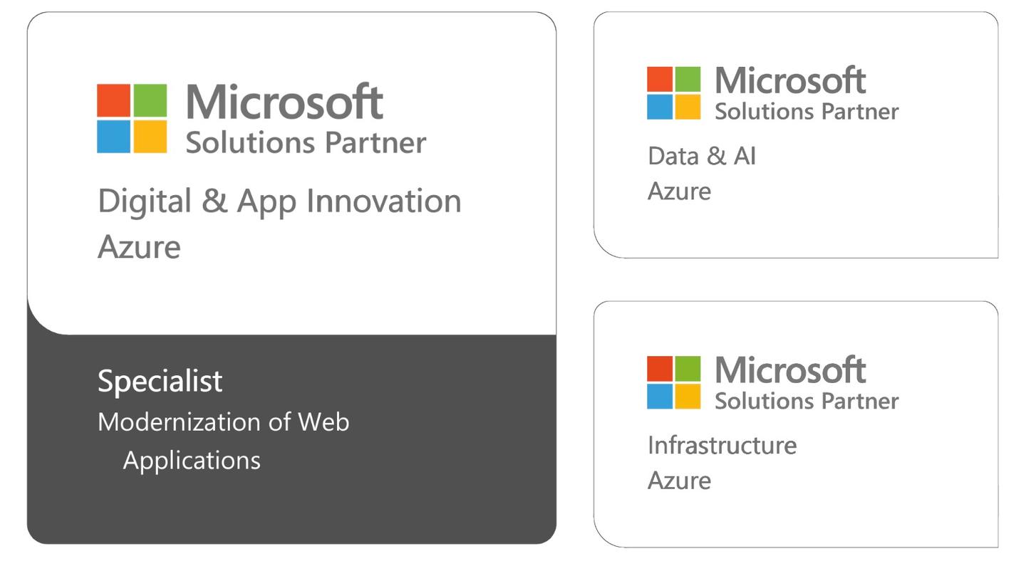 The image features 3 Microsoft Solutions Partner badges for Futurice, one each for Digital & App Innovation Azure (Specialist, Modernizaiton of Web Applications), Data & AI Azure, and Infrastructure Azure.