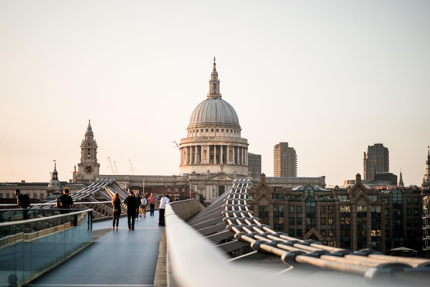 A picture of London's Millennium Bridge, looking towards St Paul's cathedral.